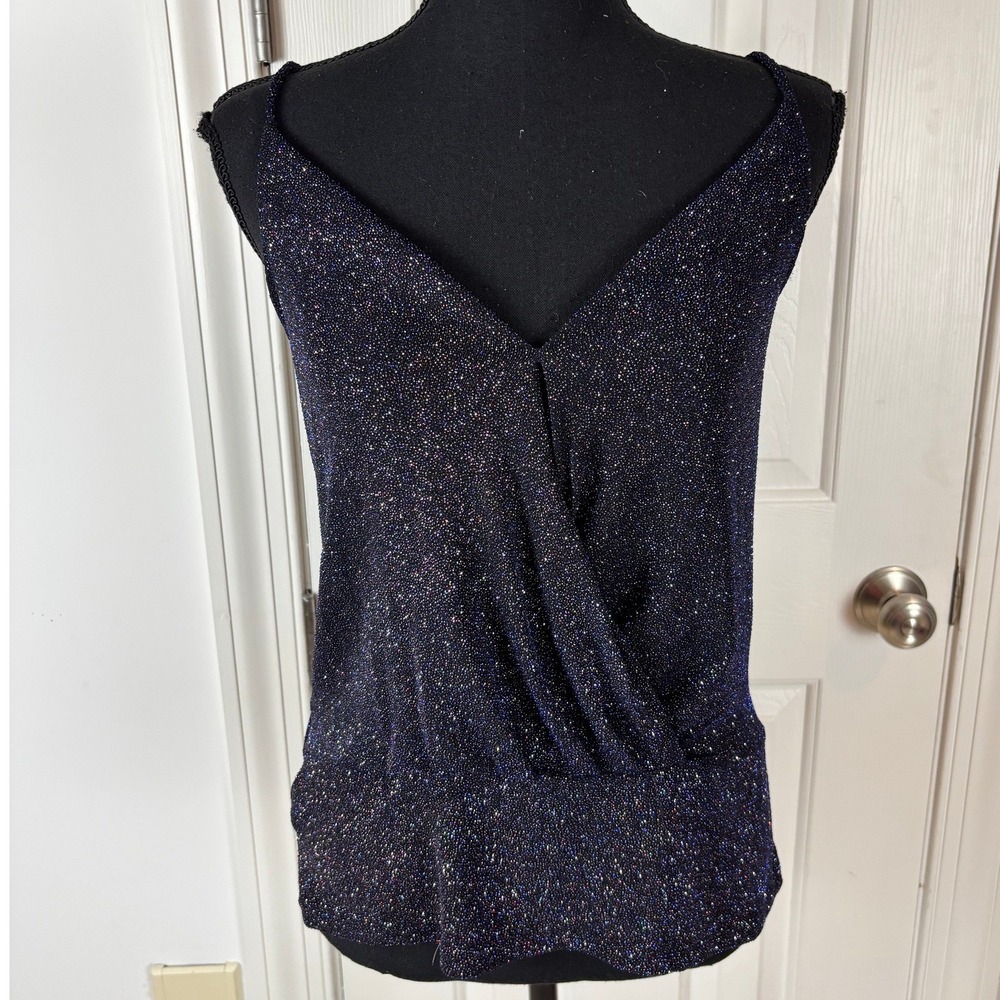 Mango Suit Navy Blue Rainbow Glitter Metallic Draped Surplice V-Neck Cami Top S